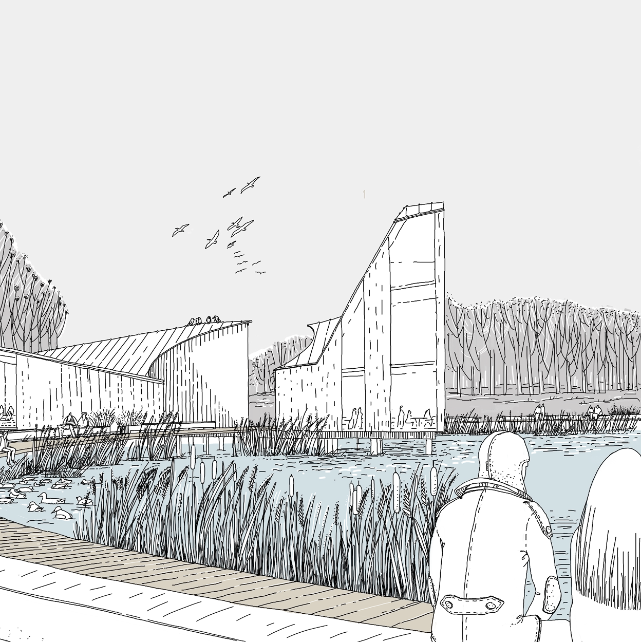 Sketch of a waterside park with angular buildings and people in the foreground.
